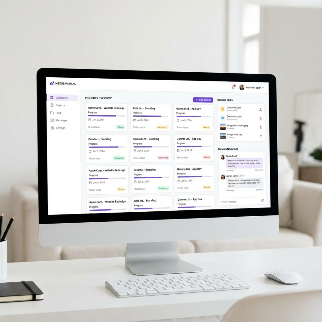 A sleek, professional client dashboard showing project milestones and a chat assistant