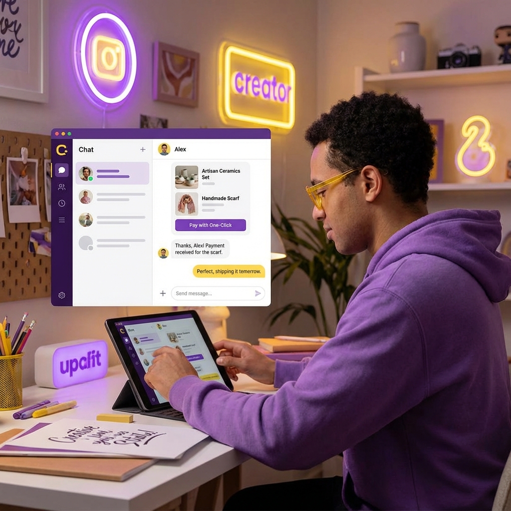A visualization of shopping bags and product icons transforming into a chat bubble on a high-end mobile interface