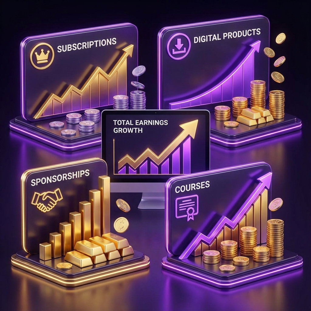 Multiple digital income streams symbolized by diverse floating currency and creator icons