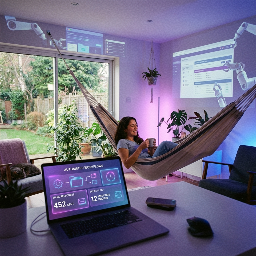 A minimalist freelancer desk showing a laptop with automated workflow diagrams